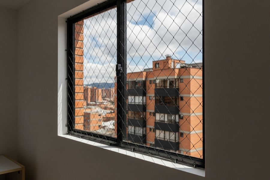 Balcón de edificio residencial con instalación profesional de mallas de protección