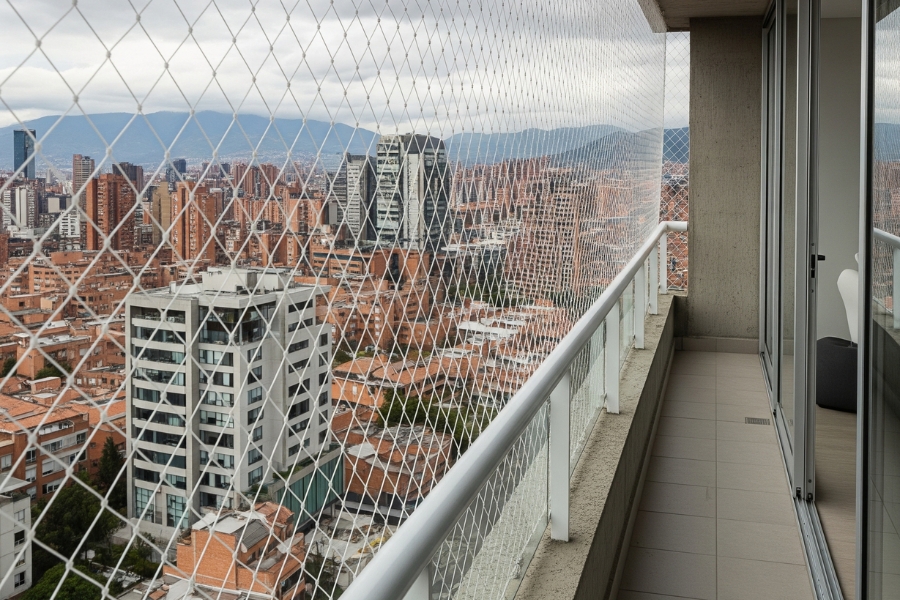 Instalación de mallas en balcón con barandilla de vidrio para máxima seguridad